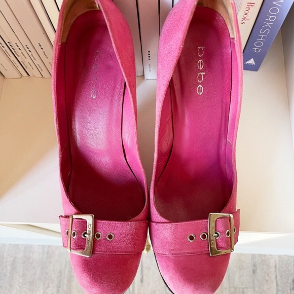 Barbie HOT PINK suede BeBe pumps heels shoes silver buckle round toe Y2K US W 9 - Picture 12 of 13